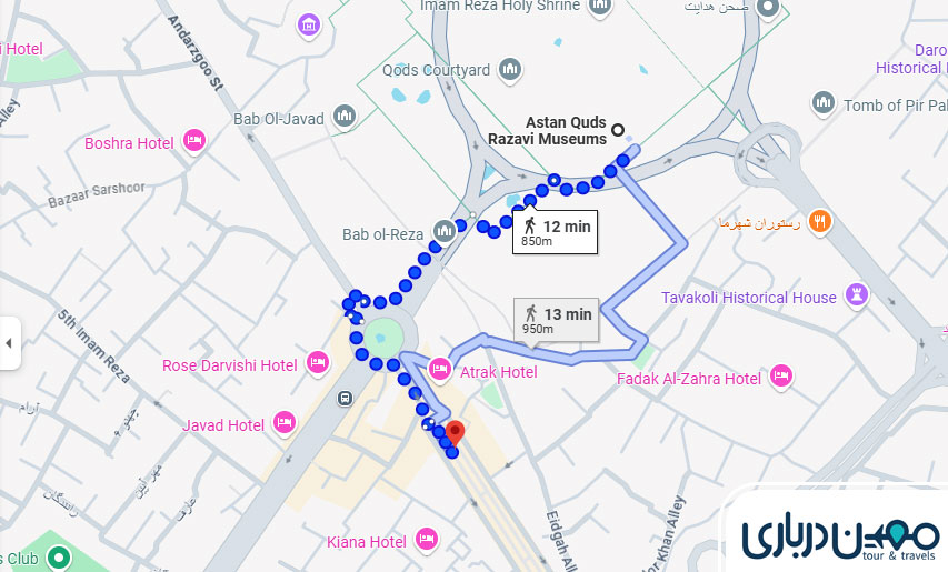 فاصله بازار رضا تا موزه آستان قدس رضوی