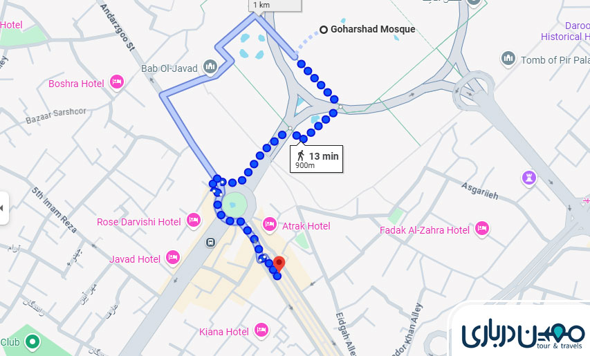 فاصله بازار رضا تا مسجد گوهرشاد