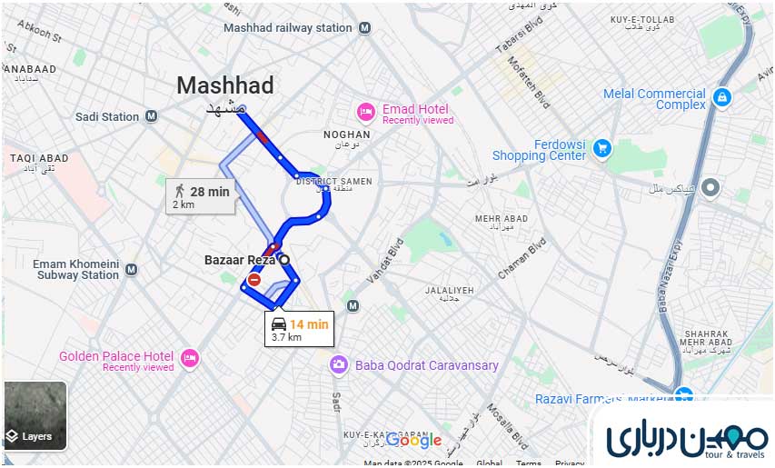 فاصله هتل تارا مشهد تا بازار رضا