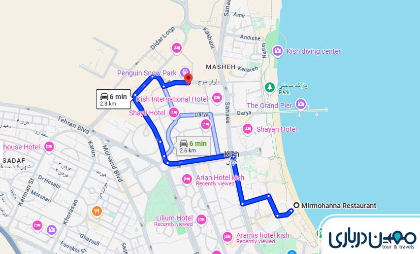 فاصله هتل اسمان رویال تا رستوران ساحلی میرمهنا کیش