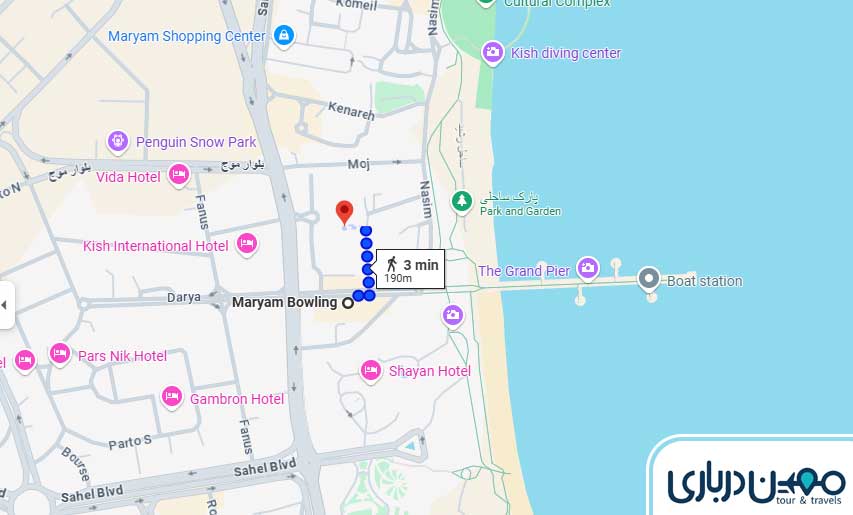 فاصله بازار ونوس تا بولینگ مریم