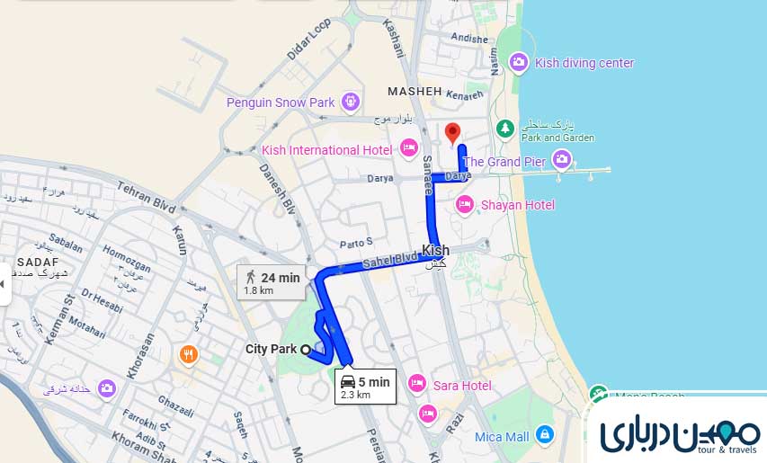 فاصله پاساژ ونوس تا پارک شهر کیش