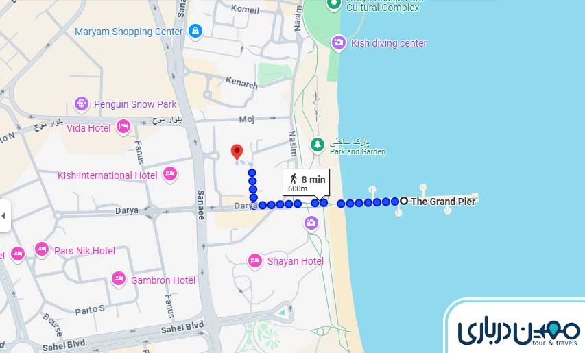 فاصله پاساژ ونوس تا اسکله تفریحی کیش