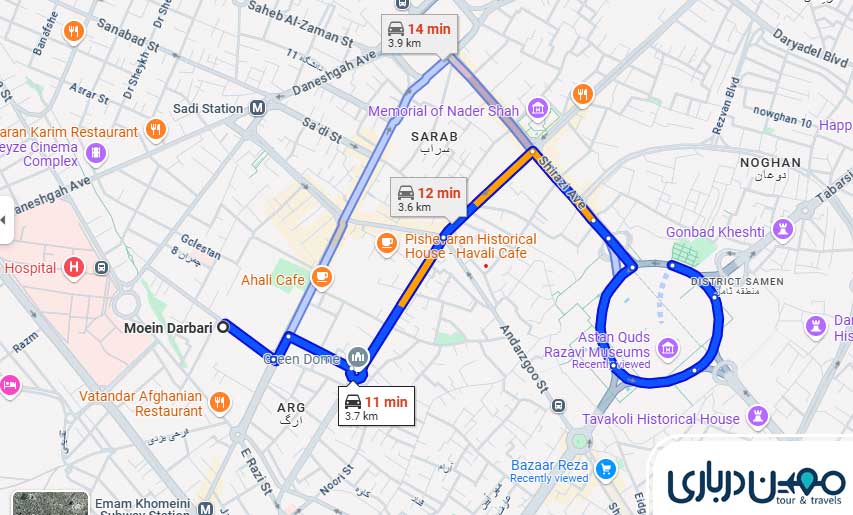 فاصله حرم تا رستوران معین درباری