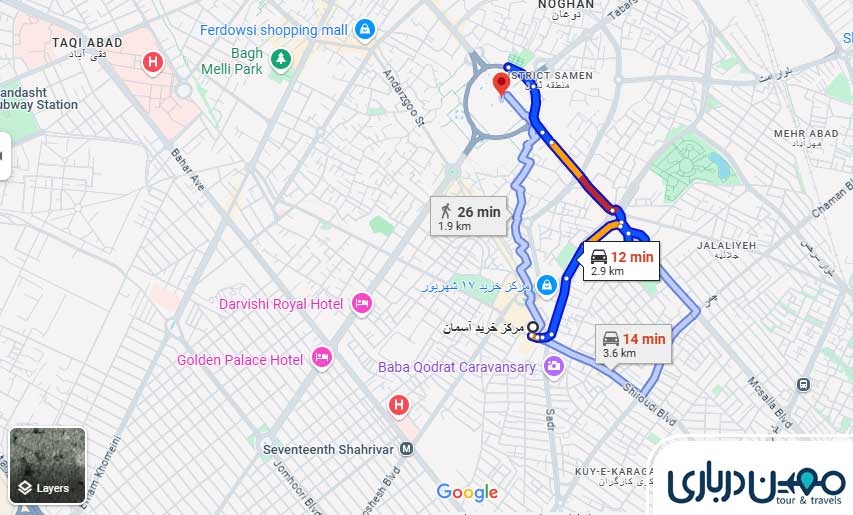 فاصله حرم مطهر تا مرکز خرید آسمان مشهد