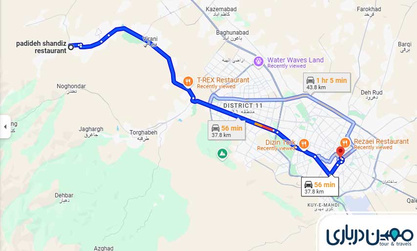 فاصله حرم مطهر تا رستوران پدیده شاندیز