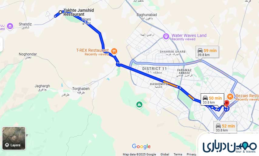 فاصله حرم مطهر تا رستوران تخت جمشید شاندیز