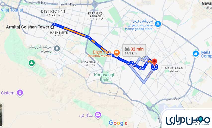 فاصله حرم مطهر تا مرکز خرید آرمیتاژ