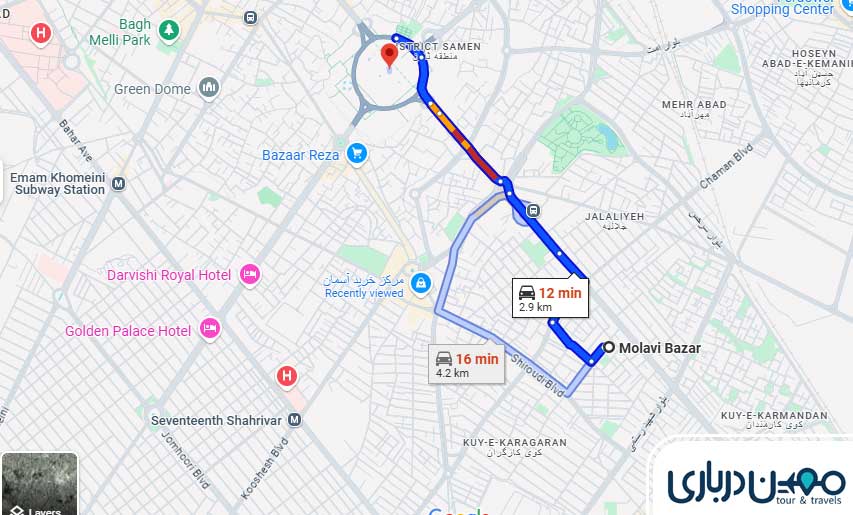 فاصله حرم مطهر تا بازار مولوی مشهد