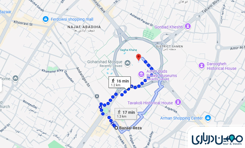 فاصله حرم تا بازار رضا مشهد