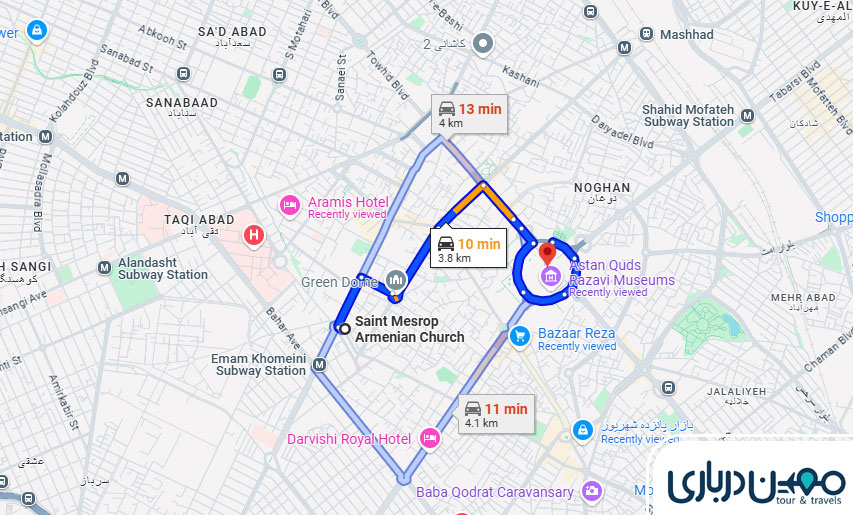 فاصله حرم تا کلیسای مسروپ مقدس مشهد