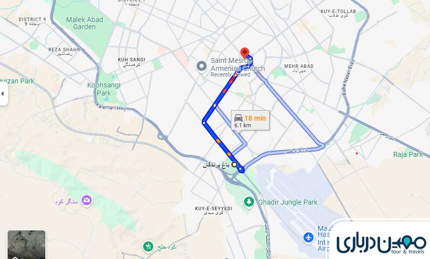 فاصله حرم تا باغ پرندگان مشهد