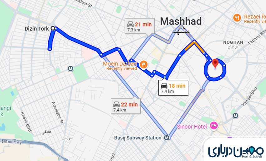 فاصله حرم تا دیزین ترک