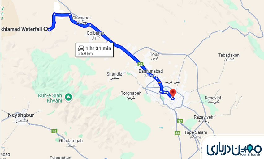 فاصله مشهد تا آبشار اخلمد