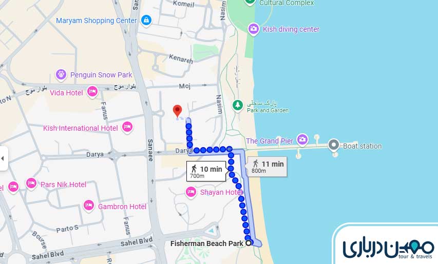 فاصله پاساژ ونوس تا پارک ساحلی مرد ماهی گیر